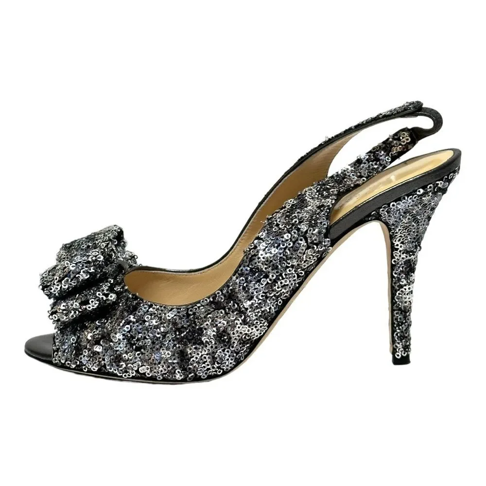 KATE SPADE Charm Micro Sequin Silver Slingback Pumps Heels Peep Toe Bow 8